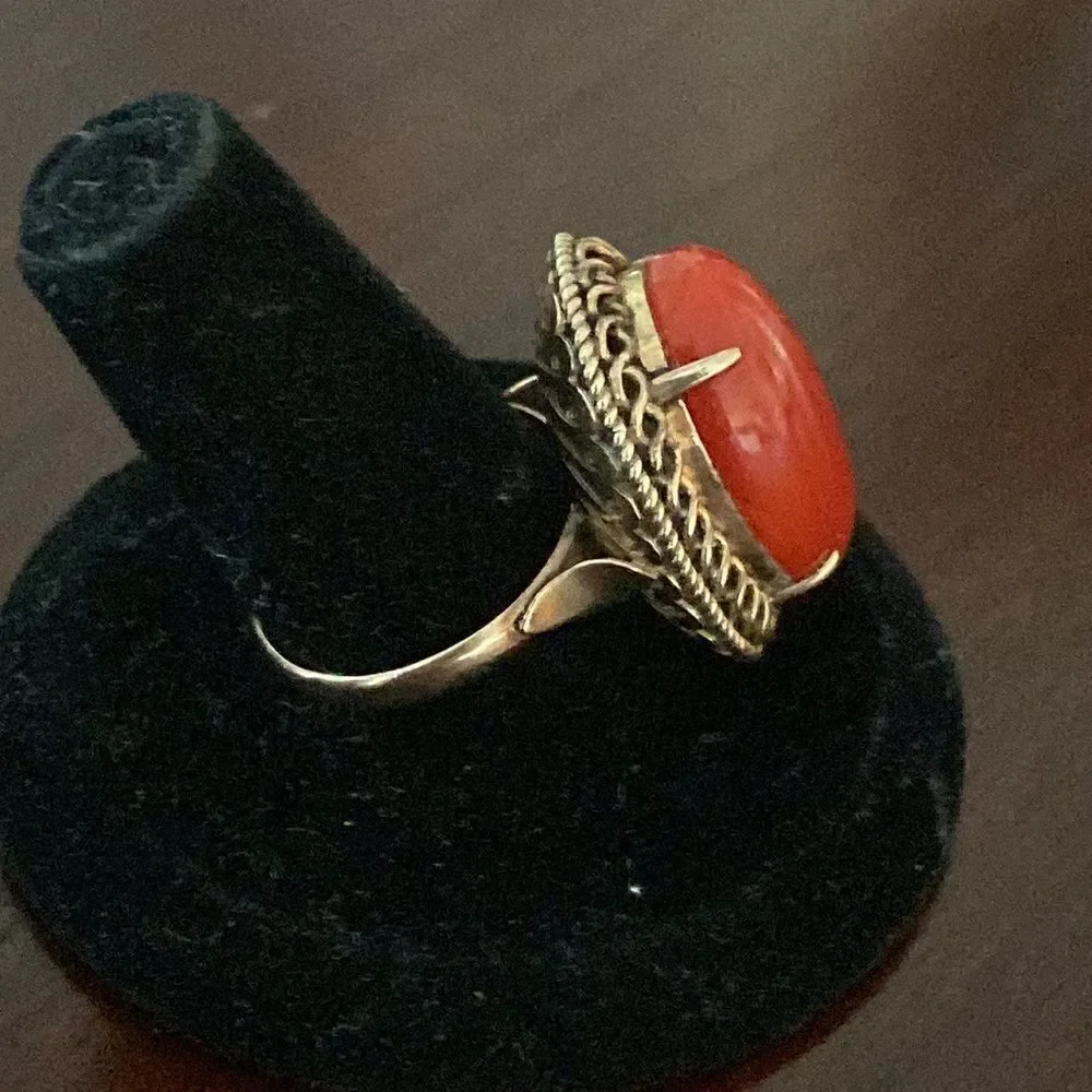 18k gold & Red Coral cabochon estate ring
